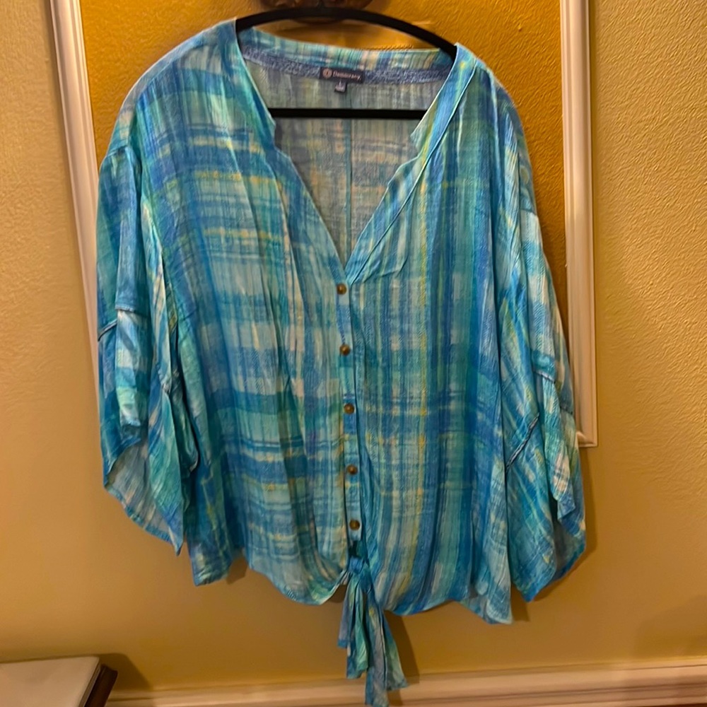 Democracy L blue/green blouse Top with tie and 3/4 sleeves